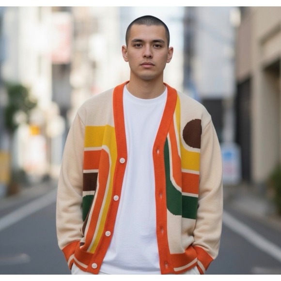 OXKnit Other - OXKNIT Mens Retro 70s Geometric Wave Cardigan Sweater Orange Cream XL NWT